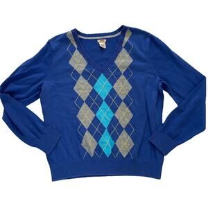 IZOD Cotton Argyle Long Sleeve V-Neck Sweater, Blue, Gray, Y2K, Retro, Preppy XL